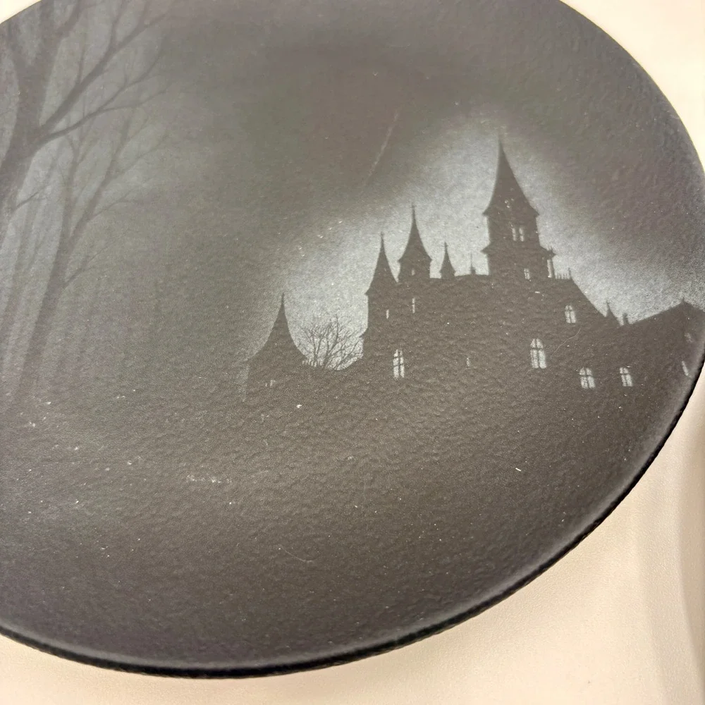 Mesa Brasil Halloween Gothic Haunted Castle Black Matte Salad Plates Set of 4